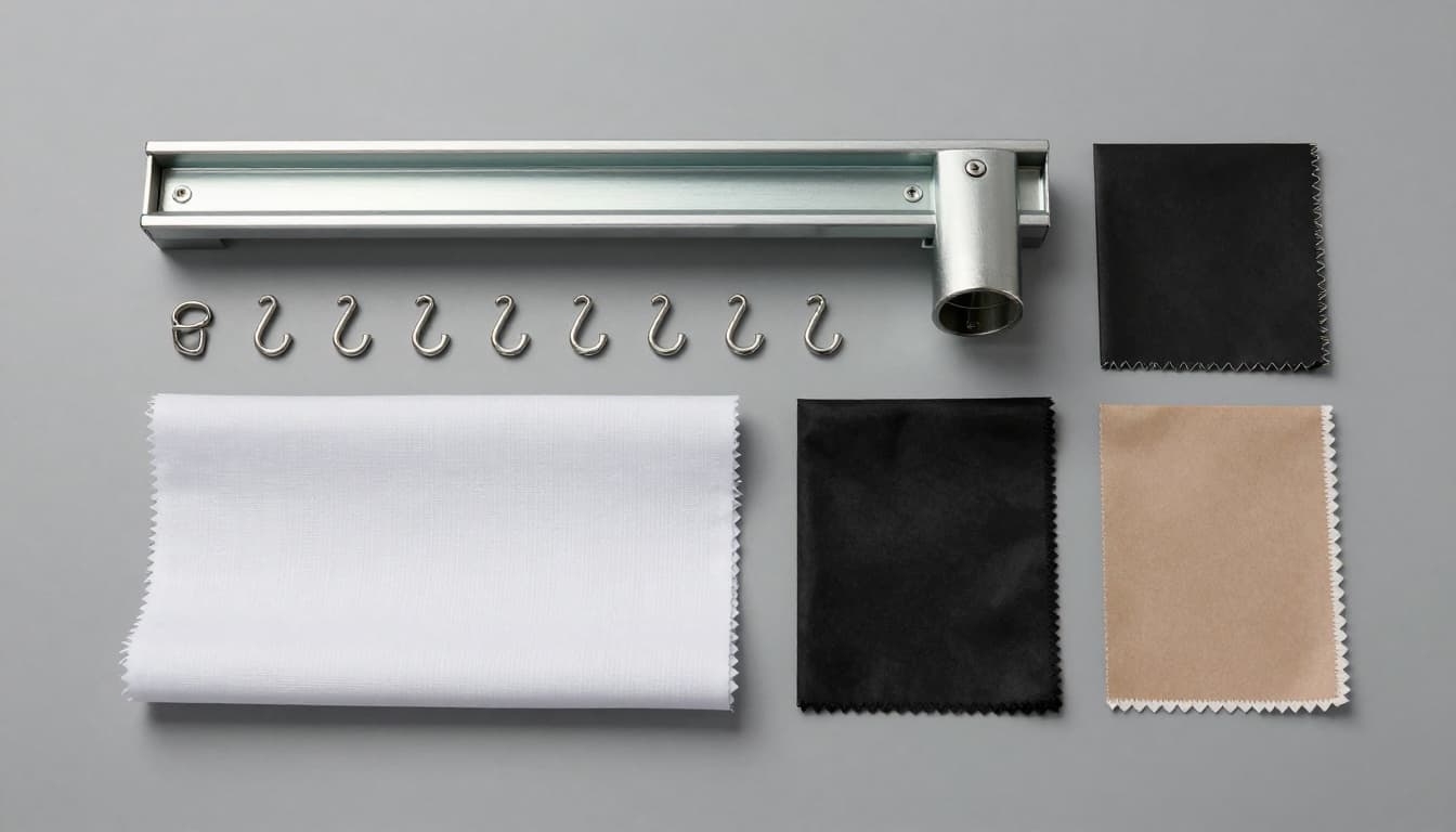 Detailed product display of curtain accessories including aluminum track, metal hooks, white lining fabric, and swatches of blackout and fire-retardant coatings on a neutral gray surface in a neat grid layout.
