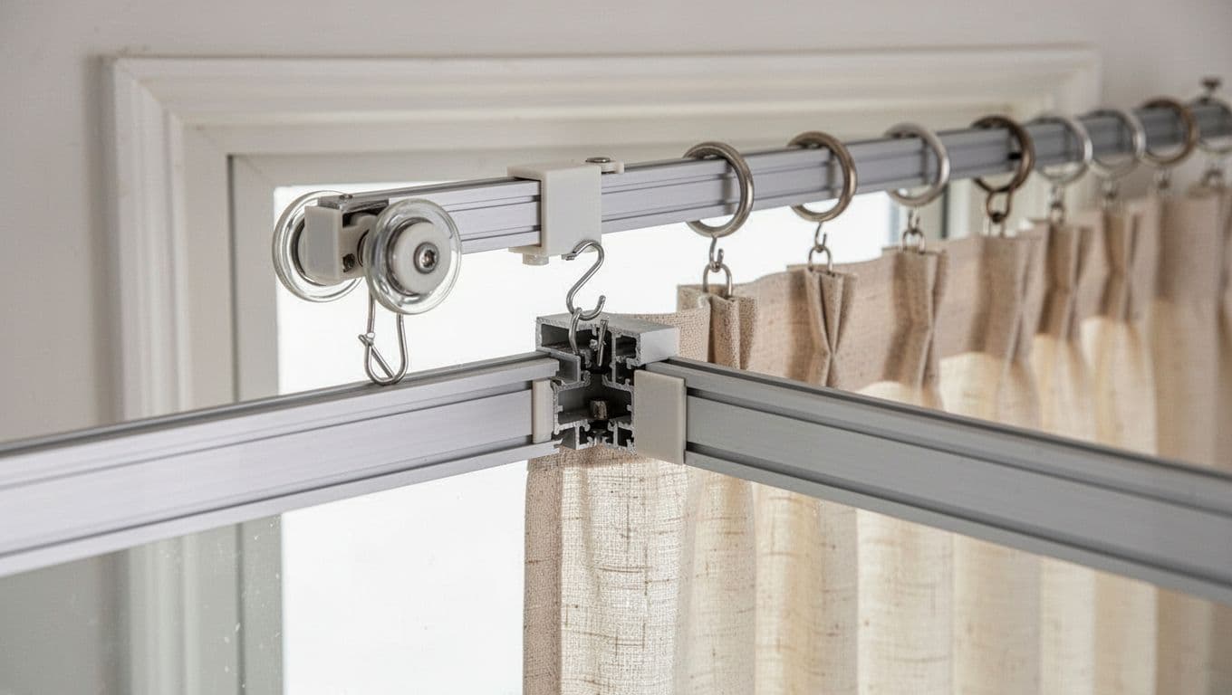 窗簾只換軌道不換布可以嗎?費用優缺點與限制全解析 Close-up of a smooth new aluminum alloy curtain track showcasing easy hanging of old fabric curtain hooks and smooth pulley operation. Simple background with window frame and soft hanging curtain in realistic home style with high detail and bright indoor lighting.