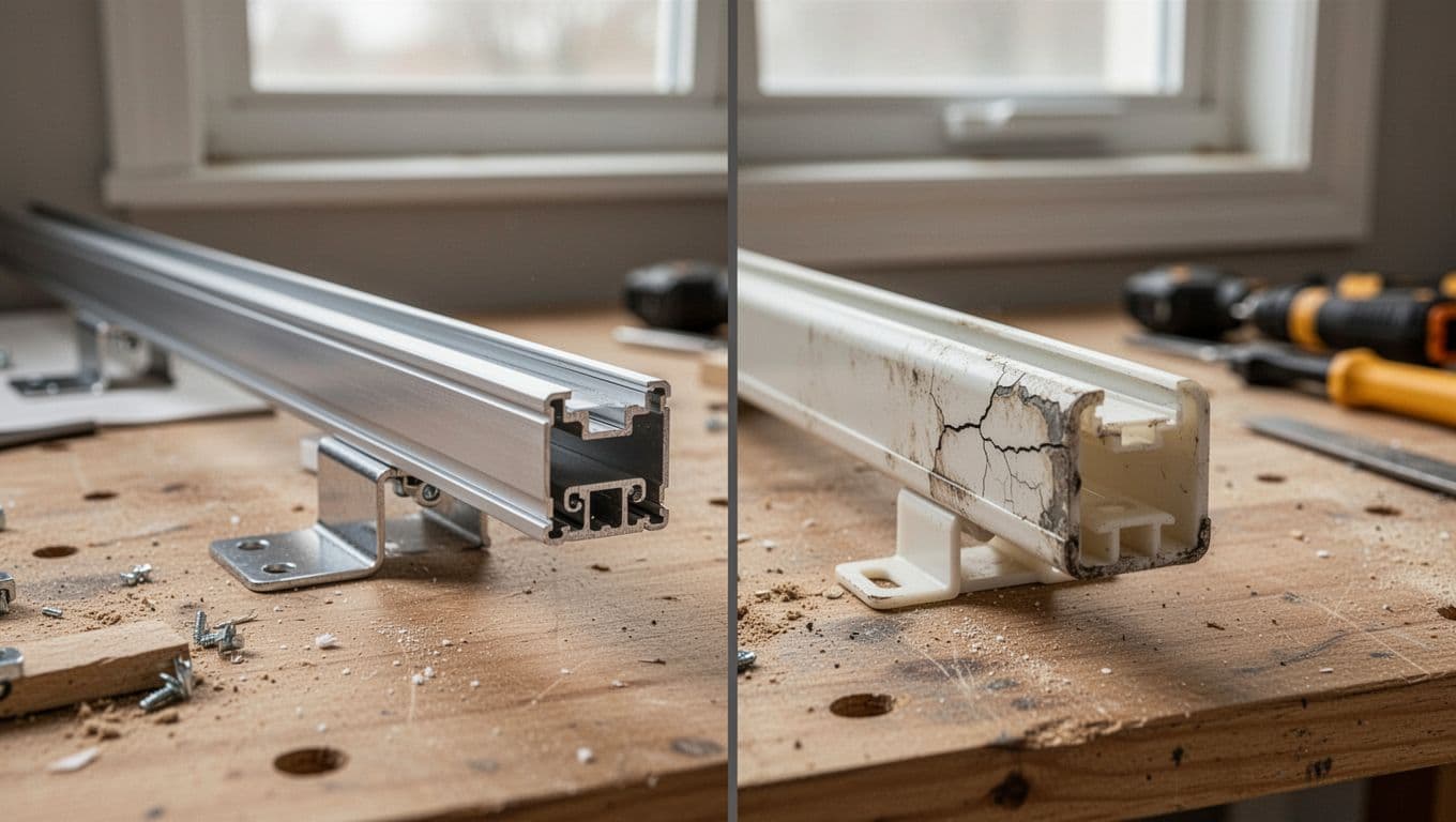 窗簾只換軌道不換布可以嗎?費用優缺點與限制全解析 Close-up comparison of durable shiny aluminum alloy curtain track and worn cracked plastic track on a home workbench under soft indoor lighting.