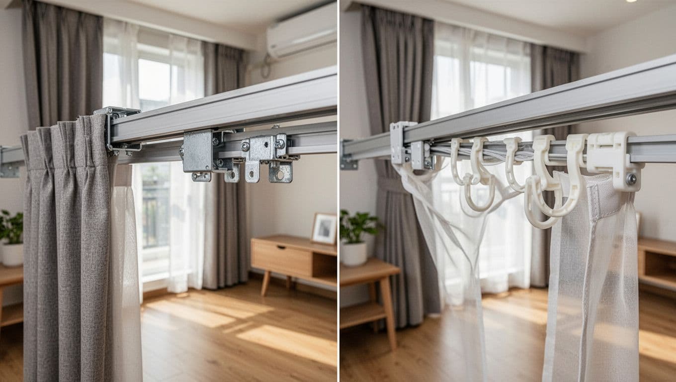 訂製窗簾報價很便宜,可能少了哪些項目 Close-up comparison in a bright Taiwanese living room: heavy-duty aluminum alloy tracks smoothly support thick curtains without noise, while plastic tracks sag under the same weight.