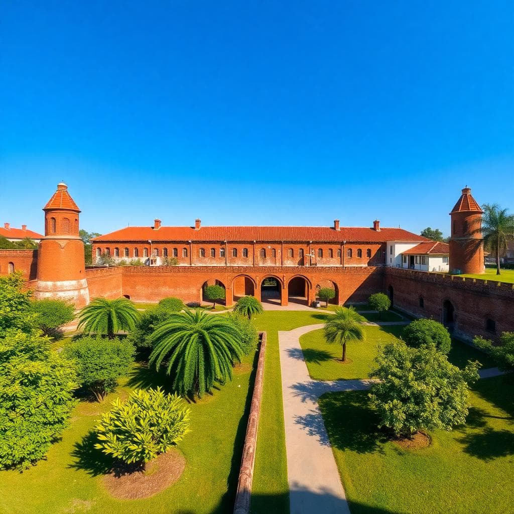 安平古堡的詳細視圖,展示台灣台南的歷史紅磚牆和荷蘭時代的白色建築,周圍環繞綠意盎然的花园,有小徑和樹木,適合全景照片。場景在晨光中,藍天清澈,強調歷史魅力和寧靜氛圍。