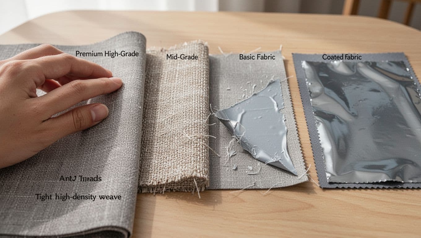 訂製窗簾抗UV值得選嗎?價格差異與實際效果解析 Close-up of four anti-UV curtain fabric swatches on a wooden table: high-density weave, mid-grade, basic with peeled coating, and glossy coated, with a hand holding the premium sample.