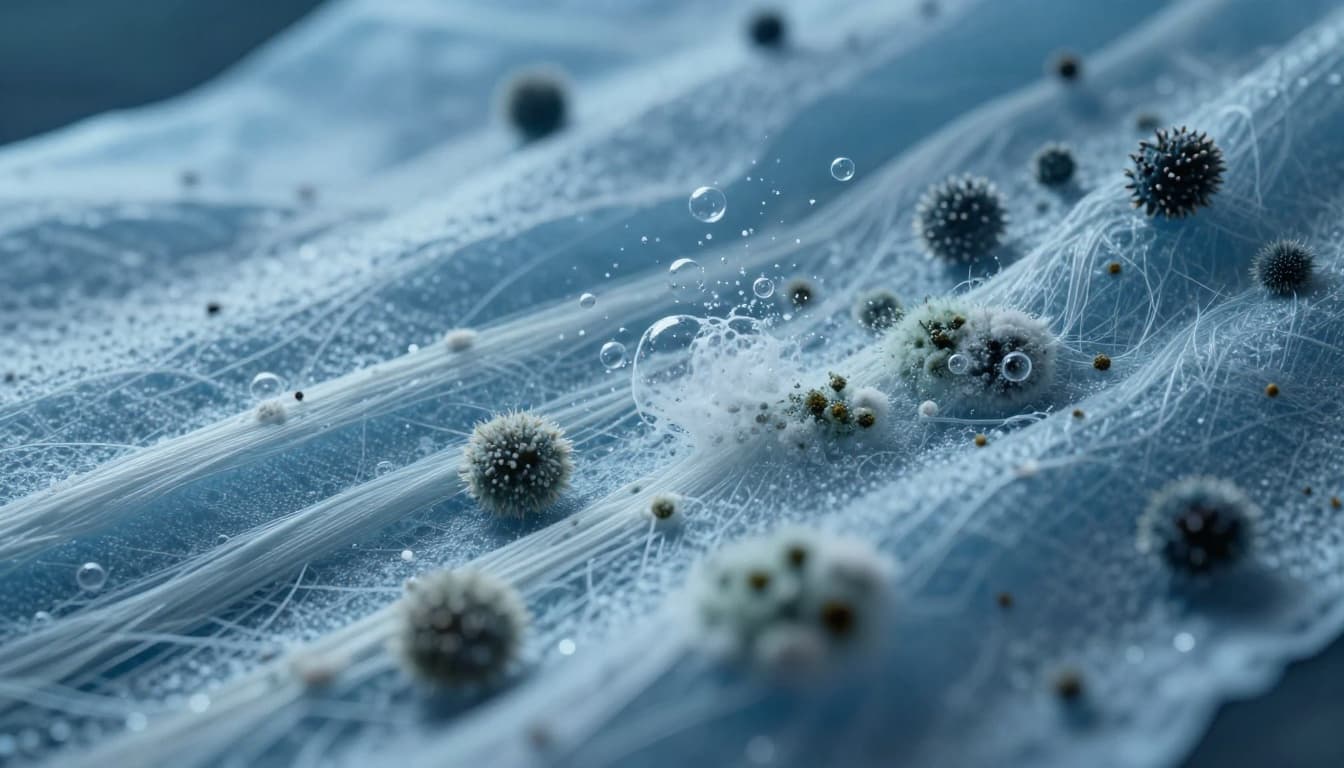 窗簾抗菌防霉布料加價多少?有必要升級嗎 Close-up microscope view of curtain fabric fibers with protective coating repelling mold spores and bacteria, shown bursting like bubbles on the surface.
