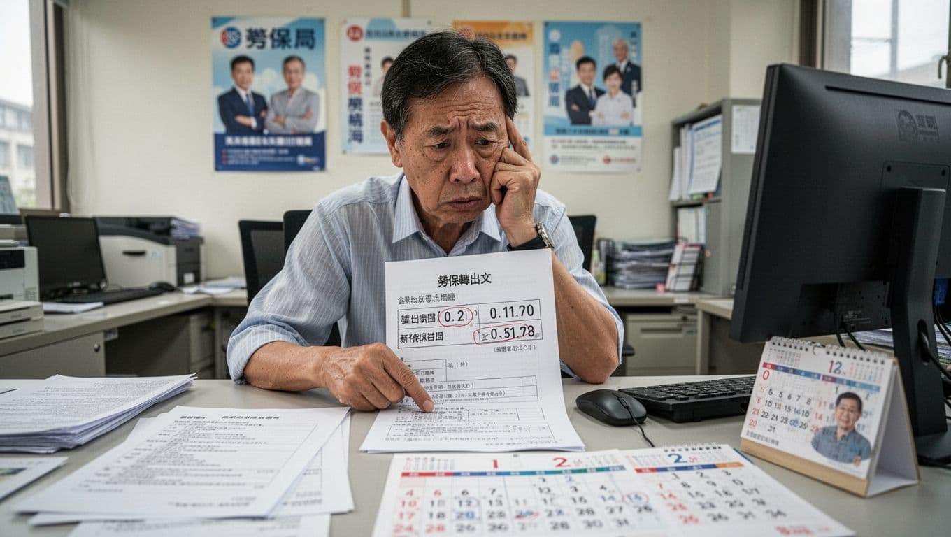 A middle-aged Taiwanese office worker sits at his desk with labor insurance transfer documents, a calendar, and computer screen showing mismatched dates between transfer-out and new insurance periods; he looks anxious, supporting his head with one hand and pointing to the discrepancy. Realistic photo in a simple office with natural light, focused on face and documents.