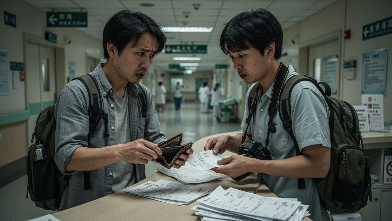 攝影師接案勞保怎麼保?職業工會投保 + 10 個常見問題解答 A Taiwanese freelance photographer stands anxiously at a hospital counter, paying a hefty medical bill out-of-pocket while holding an empty wallet and camera backpack, with stacks of bills in the dimly lit lobby background.