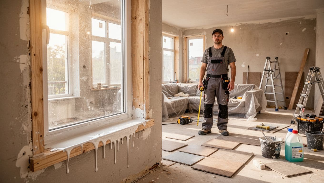 A realistic half-finished apartment renovation scene in a living room with a window frame showing fresh wet paint dripping on the sill, unfinished wooden trim, scattered flooring tiles, and cleaning supplies. One worker in work clothes holds a tape measure relaxed nearby, with construction tools, ladders, and dust-covered furniture in the background under bright daylight.