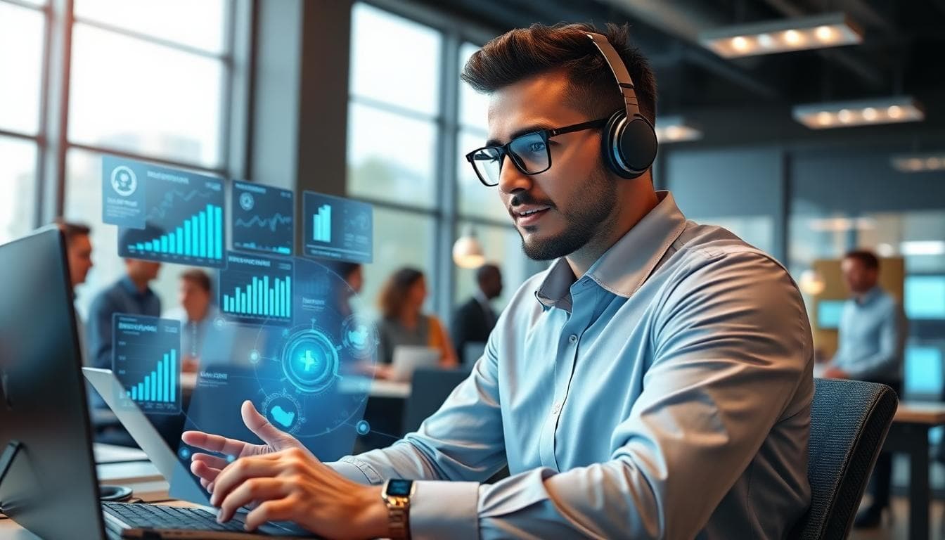 專業人士在現代辦公室運用AI與資料分析進行創新合作