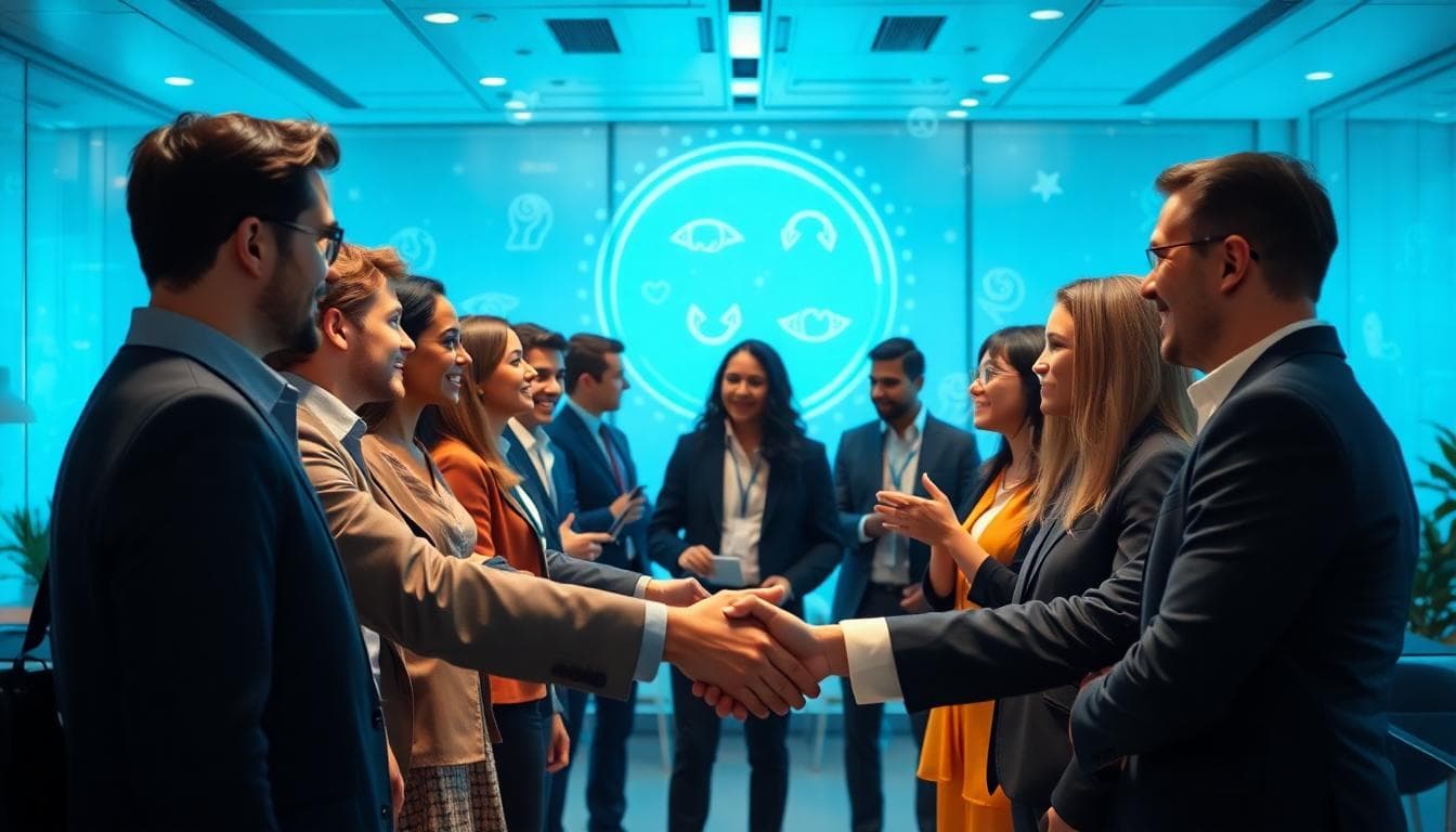 A vibrant networking scene in a modern office with diverse professionals shaking hands and exchanging ideas, incorporating subtle Aquarius zodiac symbols like water bearers in the background art, futuristic and innovative atmosphere, clear foreground with people connecting, soft blue tones for trust and innovation, high resolution, no text, professional style.