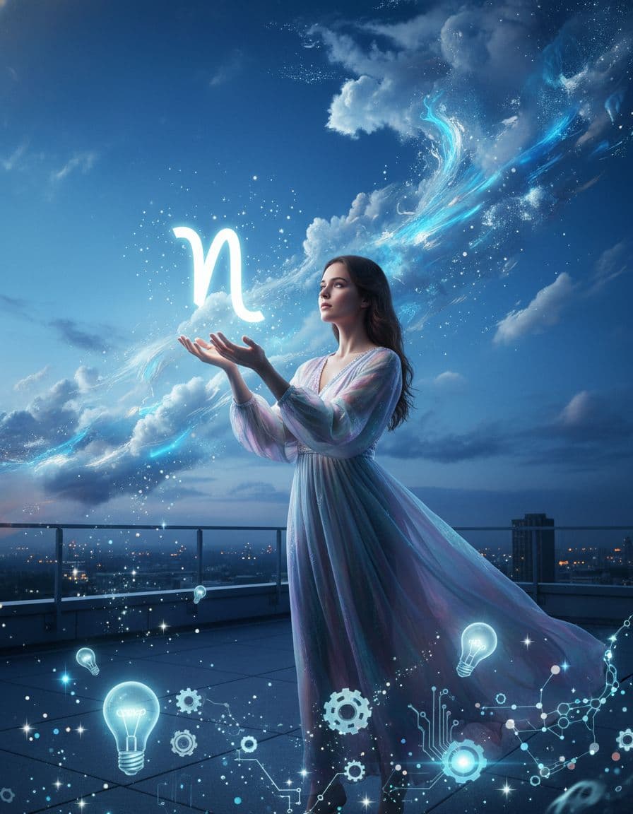 一位年輕女性站在現代城市天台上,雙手托著水瓶星座符號,背景是藍色天空和抽象的風雲圖案,象徵水瓶座的獨立創新與空想家精神,前景有閃爍的星星和科技元素如齒輪和燈泡,風格為夢幻寫實,氛圍自由而理性。Image generated by AI