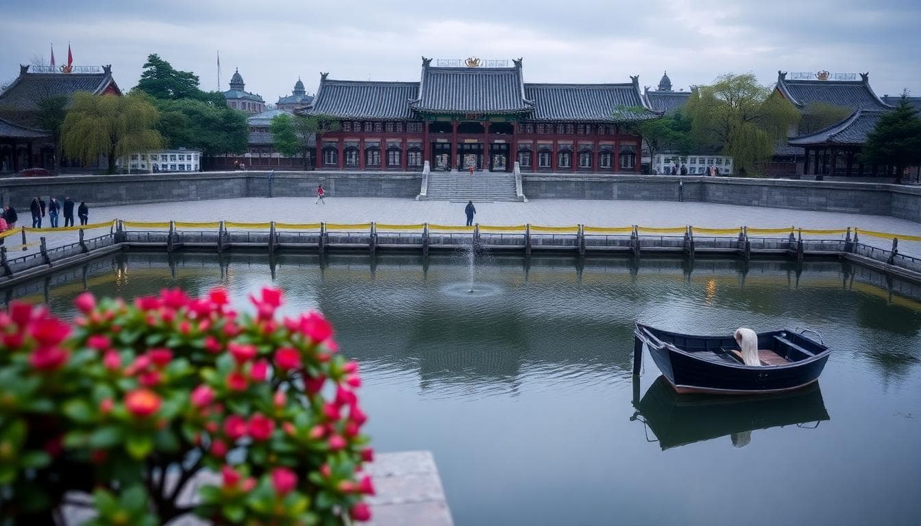 白羊座與水瓶座在公園手牽手散步,夕陽與星空交織,象徵熱情與自由