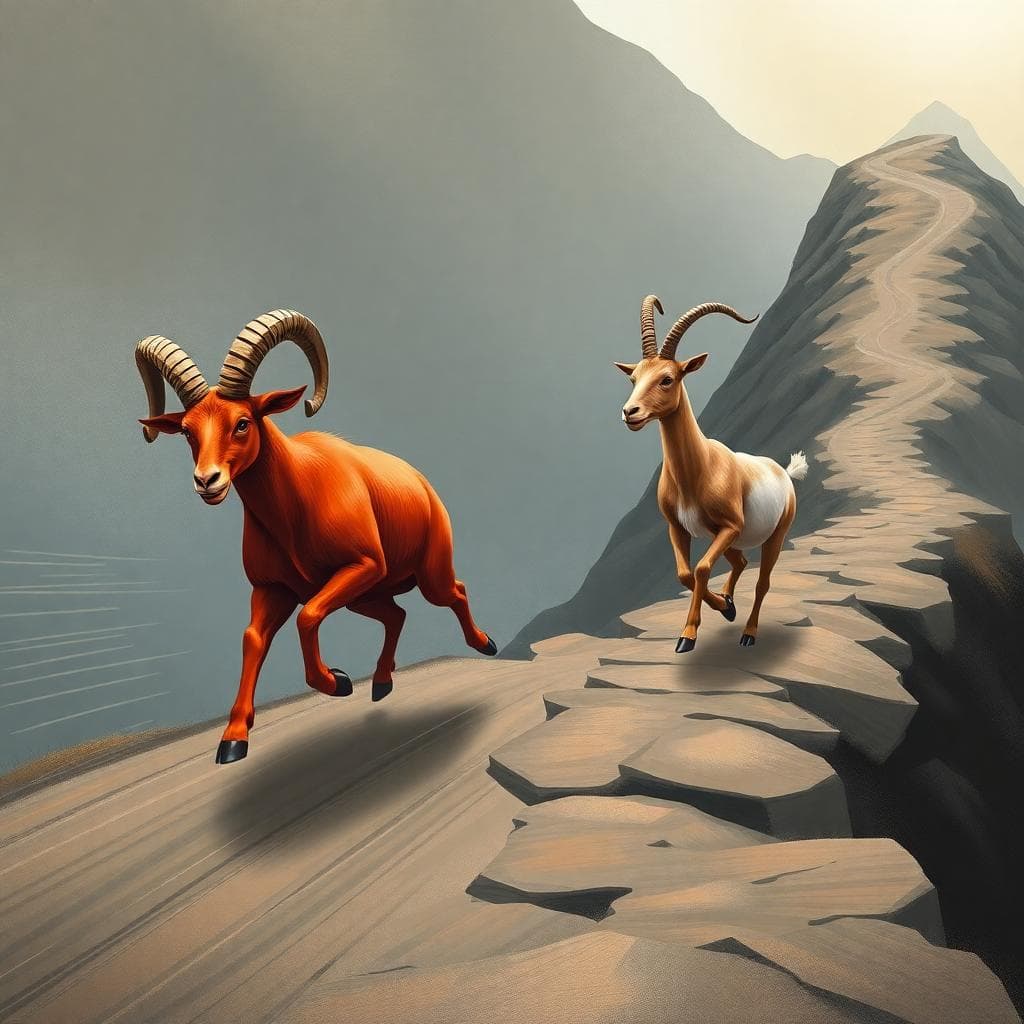 衝突與和解的動態插畫,白羊與摩羯在山路上彼此對站,尋找共同步伐。Image generated by AI