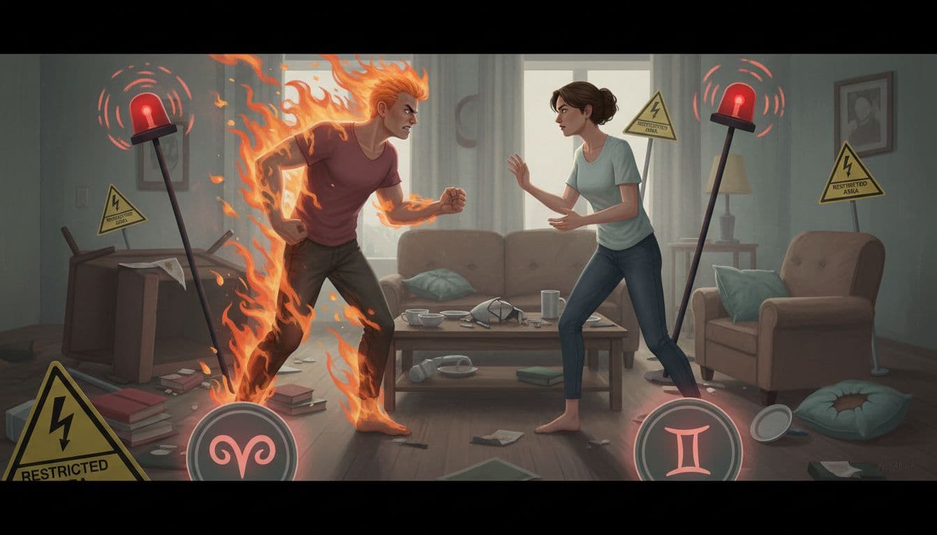 一位白羊座和雙子座戀人在室內爭執的場景,白羊座人物表現出憤怒的火焰元素環繞,雙子座人物則試圖迴避或用手勢安撫,周圍有警報燈和禁區標誌象徵相處雷點,前景有白羊和雙子圖騰,背景是混亂的客廳,風格為寫實插畫,充滿緊張和警示氛圍。
