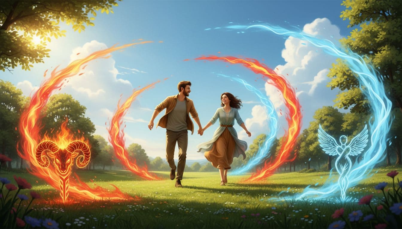 一位白羊座和雙子座戀人手牽手在陽光普照的公園奔跑,周圍環繞火焰和輕風元素,象徵活力四射的組合,前景有白羊和雙胞胎圖騰,背景是綠意盎然的草地和藍天,風格為寫實插畫,充滿動感、快樂和熱情氛圍。