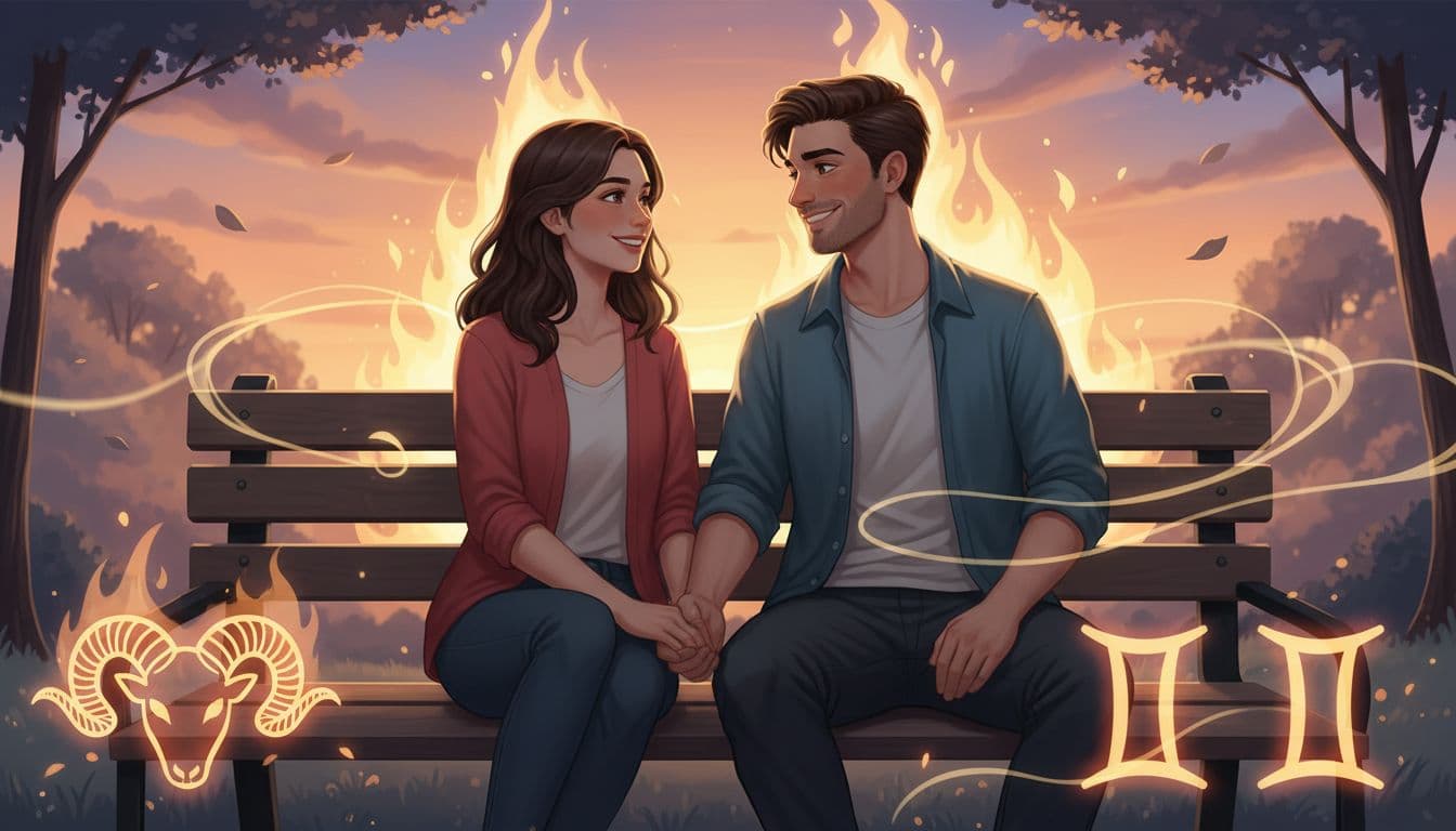 一位白羊座和雙子座戀人坐在夕陽下的長椅上,手牽手分享夢想,周圍環繞柔和的火焰和輕風元素,象徵親密與長久關係,前景有白羊和雙子圖騰,背景是寧靜的公園和橙色天空,風格為寫實插畫,充滿溫暖、親近和持久愛情的氛圍。前景聚焦戀人微笑的表情,背景有輕柔的樹葉飄動,沒有文字或水印。