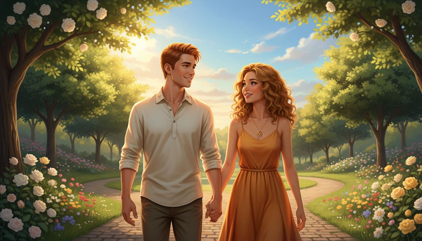 一對戀人,一個象徵白羊座的年輕男子和一個象徵獅子座的年輕女子,在寧靜的公園裡手牽手散步,表情平和微笑,互相傾聽對話,周圍綠樹花朵和陽光灑落,背景藍天,風格溫暖寫實,強調和諧溝通與平衡空間,細節豐富