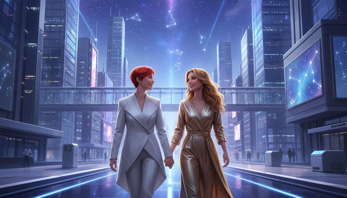 一對象徵白羊座和獅子座的年輕戀人,在充滿希望的未來城市背景下,手牽手走在閃耀的街道上,周圍是現代建築和星空投影,表情興奮而親密,背景有柔和的藍紫色調和光效,風格浪漫寫實混合未來感,強調正面趨勢與新連結,細節豐富,無文字