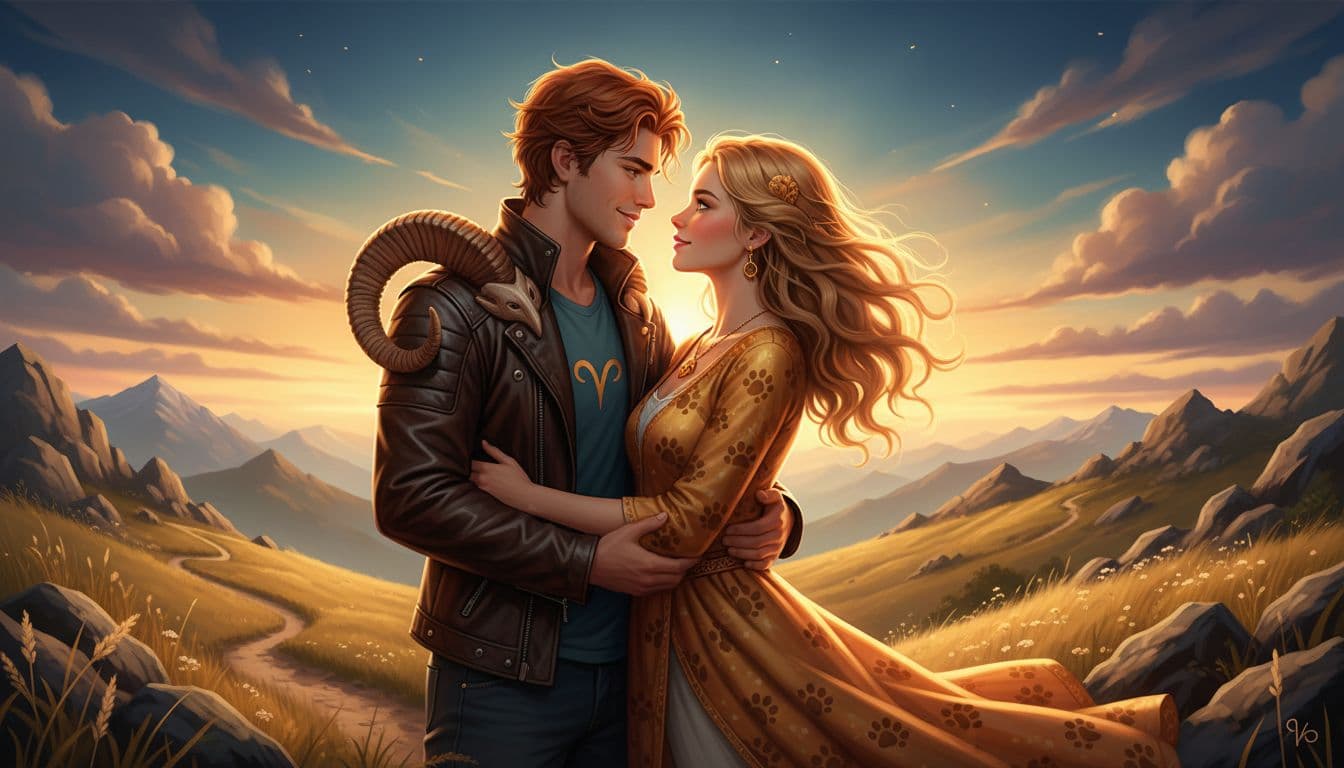 一對充滿活力的戀人,一個象徵白羊座的年輕男子和一個象徵獅子座的年輕女子,在夕陽下的山頂擁抱,周圍是金黃色的草原和冒險路徑,他們眼神熱烈互相注視,背景藍天與雲朵,風格浪漫寫實,充滿激情與支持夢想的氛圍,無文字,細節豐富