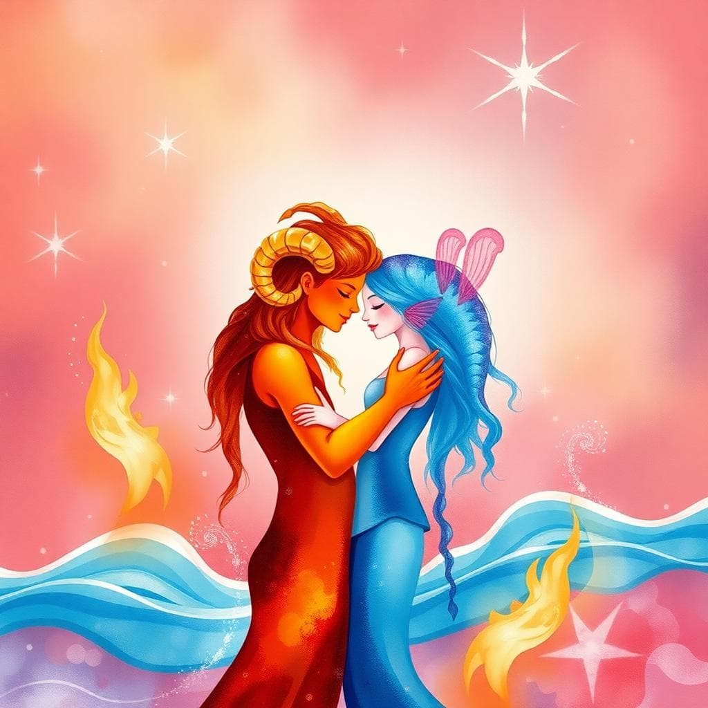 A romantic scene blending fire and water elements for Aries and Pisces zodiac compatibility