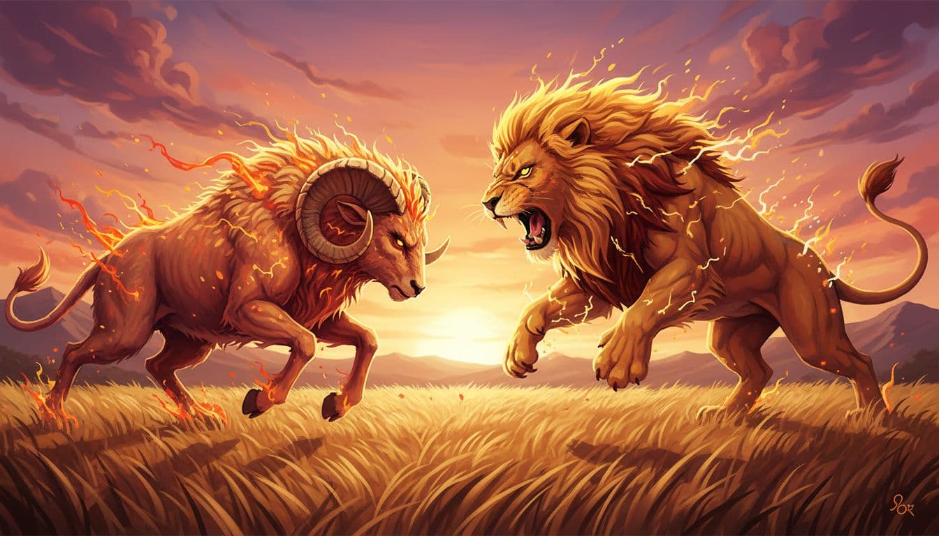 一隻象徵白羊座的公羊和一隻象徵獅子座的雄獅在廣闊的草原上對峙,公羊低頭準備衝撞,獅子張開嘴巴咆哮,表情充滿緊張與衝突,周圍是夕陽餘暉的橙色天空和金黃草地,背景有遠山輪廓,風格寫實動漫混合,強調火熱能量與潛在摩擦,細節豐富