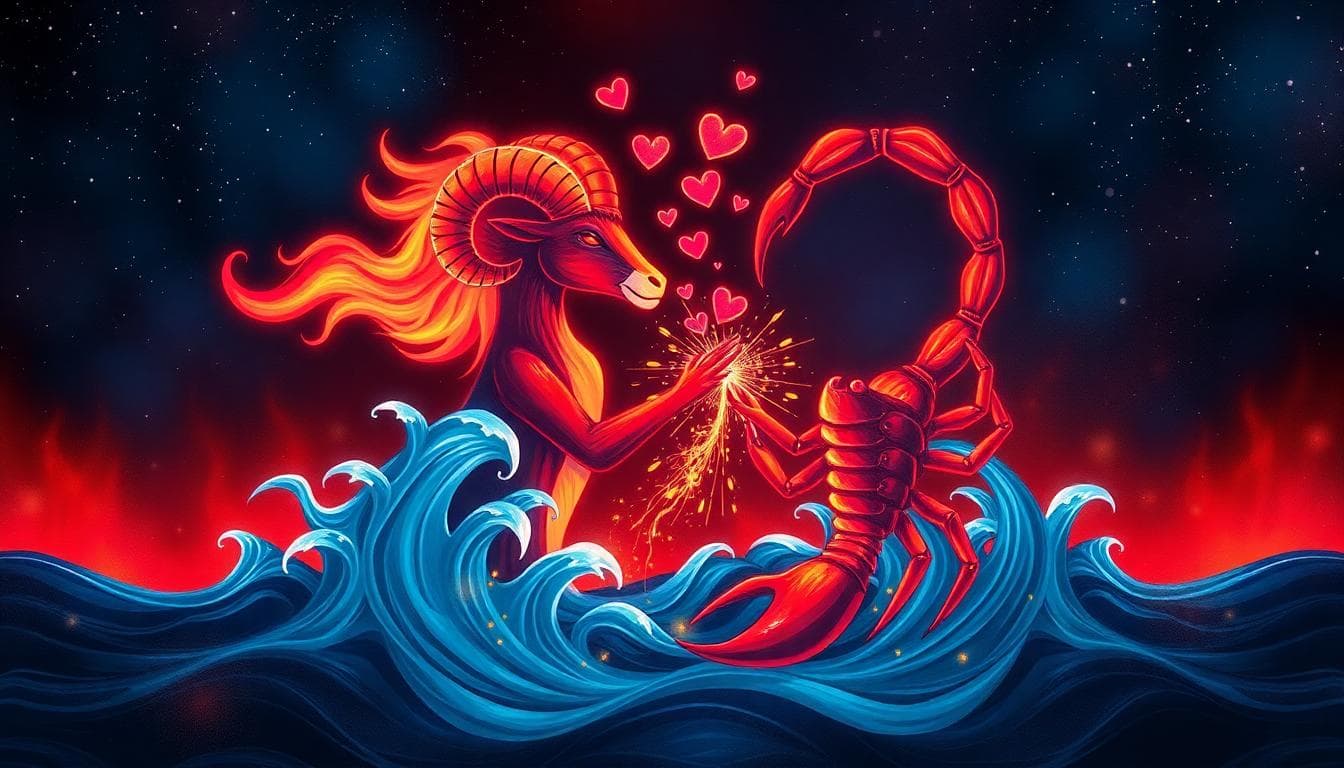 A vibrant illustration of Aries and Scorpio embracing in a moment of connection, blending fire and water elements in a dramatic, magical scene.