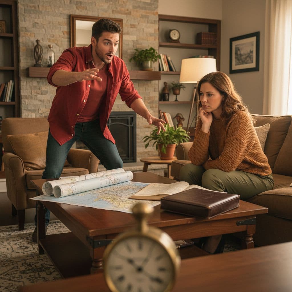 一個寫實的場景，展示白羊座與金牛座在決策上的摩擦：一位熱情的白羊男子站起身，手勢急切地指向前方象徵快速決定，一位穩重的金牛女子坐在桌邊，手托下巴深思熟慮，表情猶豫。背景是舒適的客廳，桌上擺放著計劃文件或地圖，強調耐心與衝動的對比。前景有時鐘元素表示時間壓力，背景柔和燈光，風格為現實主義，溫暖土色調與火紅色調混合，營造輕微緊張卻親密的氛圍。高細節，無文字。