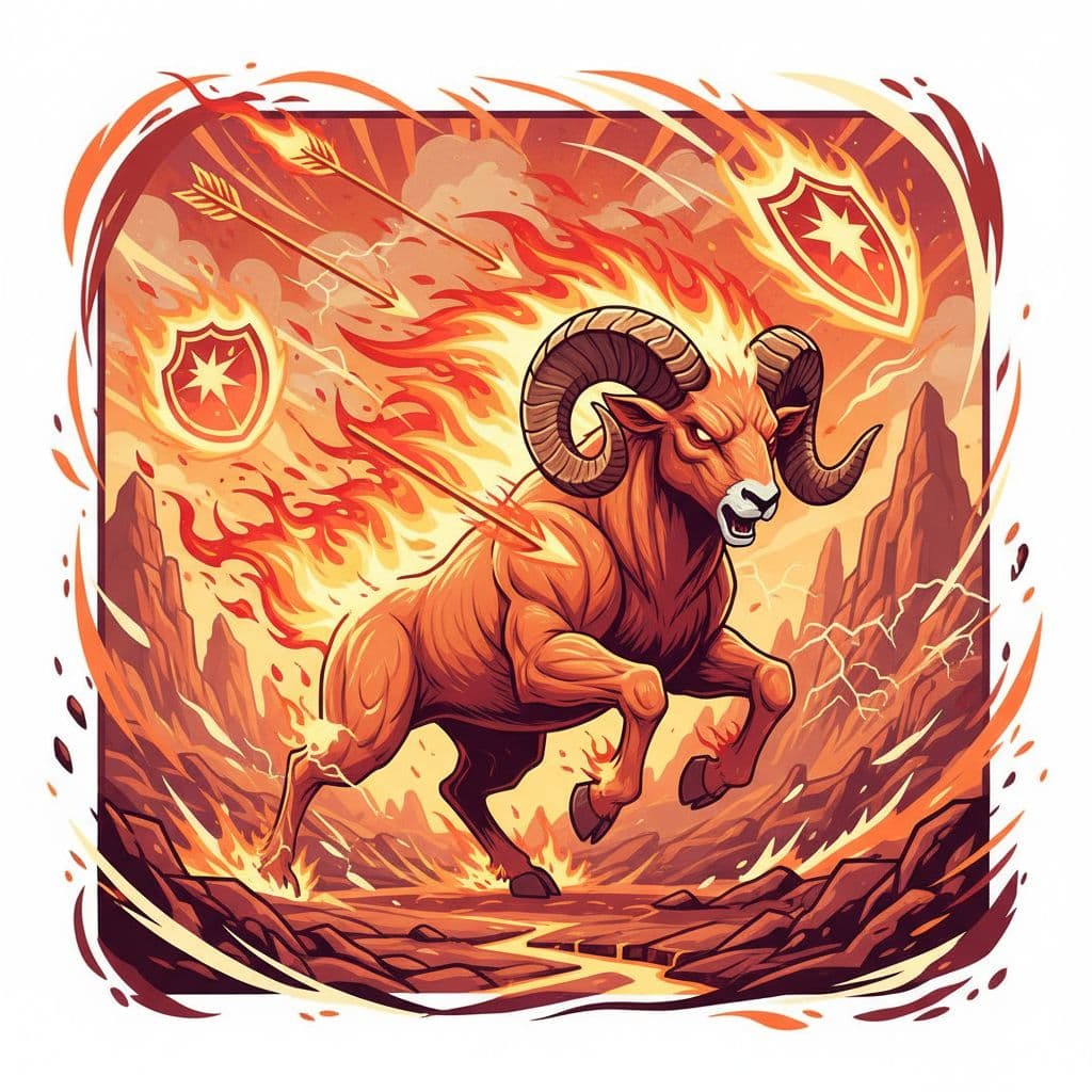 A dynamic illustration of Aries zodiac sign, showing a fiery ram charging forward with energy and determination, surrounded by flames and action symbols like arrows and shields, in a vibrant landscape with red and orange tones. Foreground focuses on the ram's bold expression, background includes rugged terrain suggesting adventure. Use a bold, energetic digital art style with high contrast and dynamic lines, no watermark, no text.