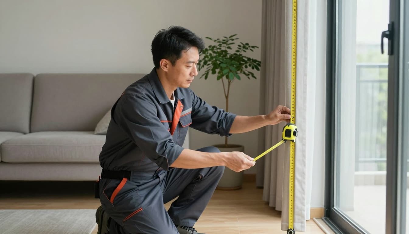 Photorealistic image of a middle-aged Asian man in work uniform kneeling in a modern Taiwanese living room, precisely measuring a large window frame with a yellow tape measure for custom curtains. Background features a simple living room with sofa, potted plant, natural light, and wooden floor, conveying an organized and trustworthy mood.