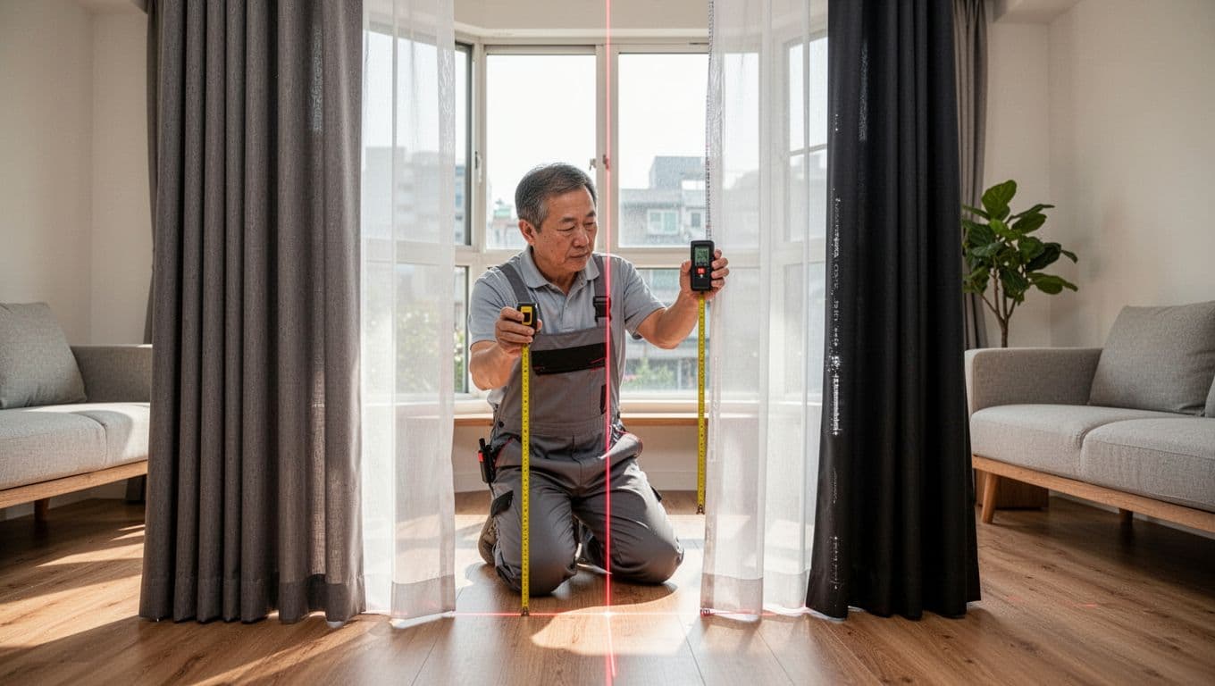 In a bright modern Taiwanese living room, a focused middle-aged Asian installer kneels on wooden flooring, precisely measuring a bay window using a laser distance meter and tape measure. Nearby, perfectly aligned double-layer curtains—a thin sheer inner and thick blackout outer—demonstrate a tight seal with no gaps.