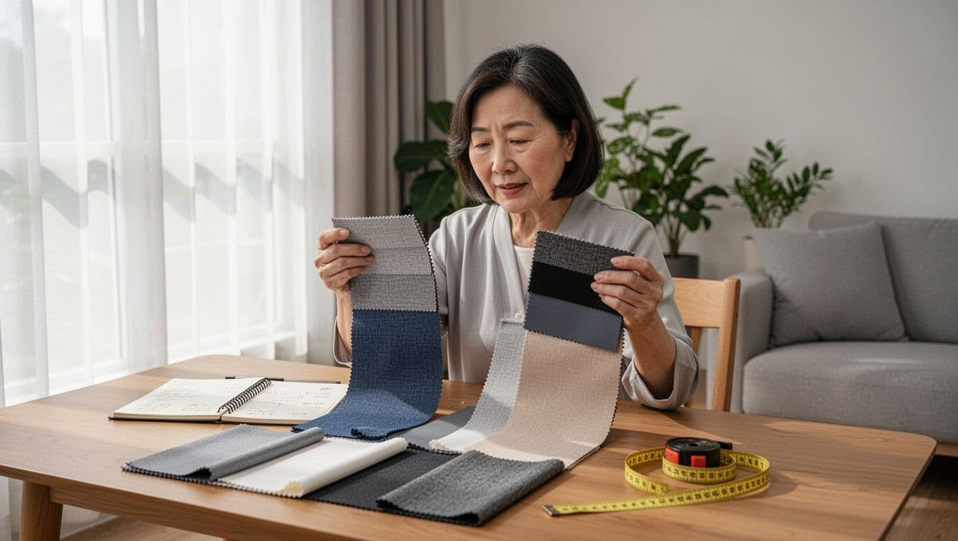 Photorealistic scene in a bright Taiwanese living room where a middle-aged Asian woman sits at a wooden table, carefully comparing several swatches of high-quality curtain fabrics in various colors and textures like blackout, soundproof, and eco-friendly materials at a wooden table.