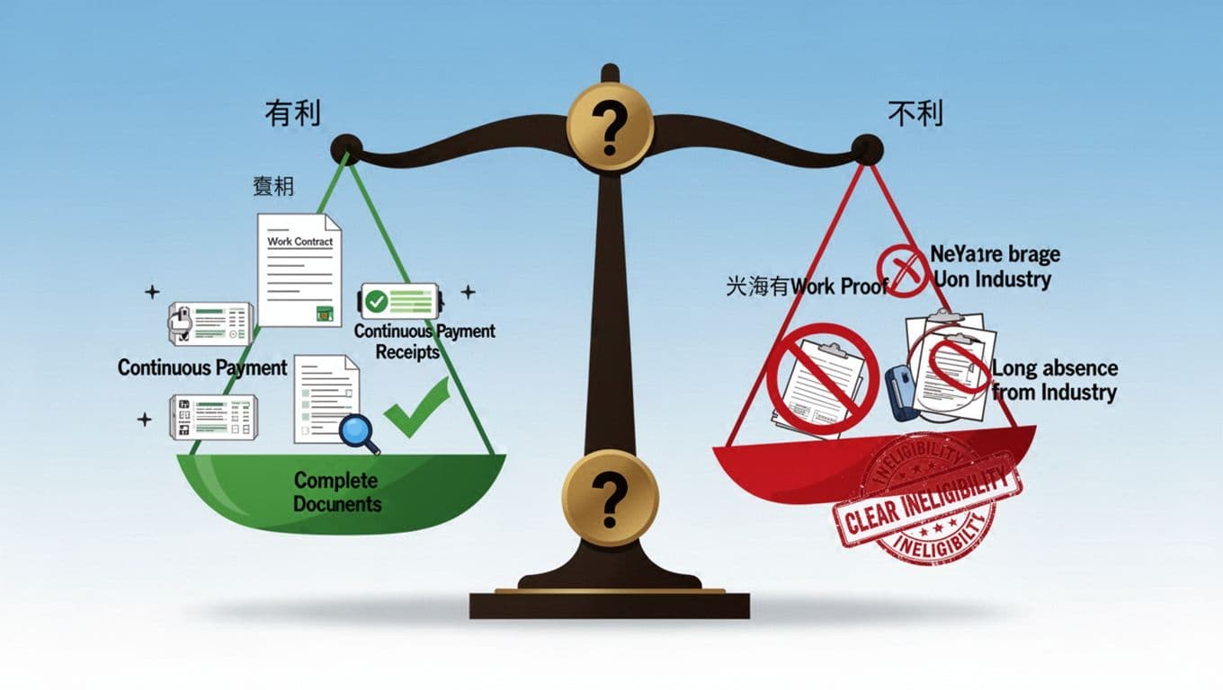 工會加保年資被取消,還能救回來嗎?一般處理方向 A simple vector illustration of a balanced scale representing the chances of recovering canceled union labor insurance seniority, with favorable green side icons (work contract, payments, documents, checkmark) versus unfavorable red side (no proof, absence, ineligibility). Center question mark on plain blue-to-white gradient background, high contrast, landscape composition with icons only.