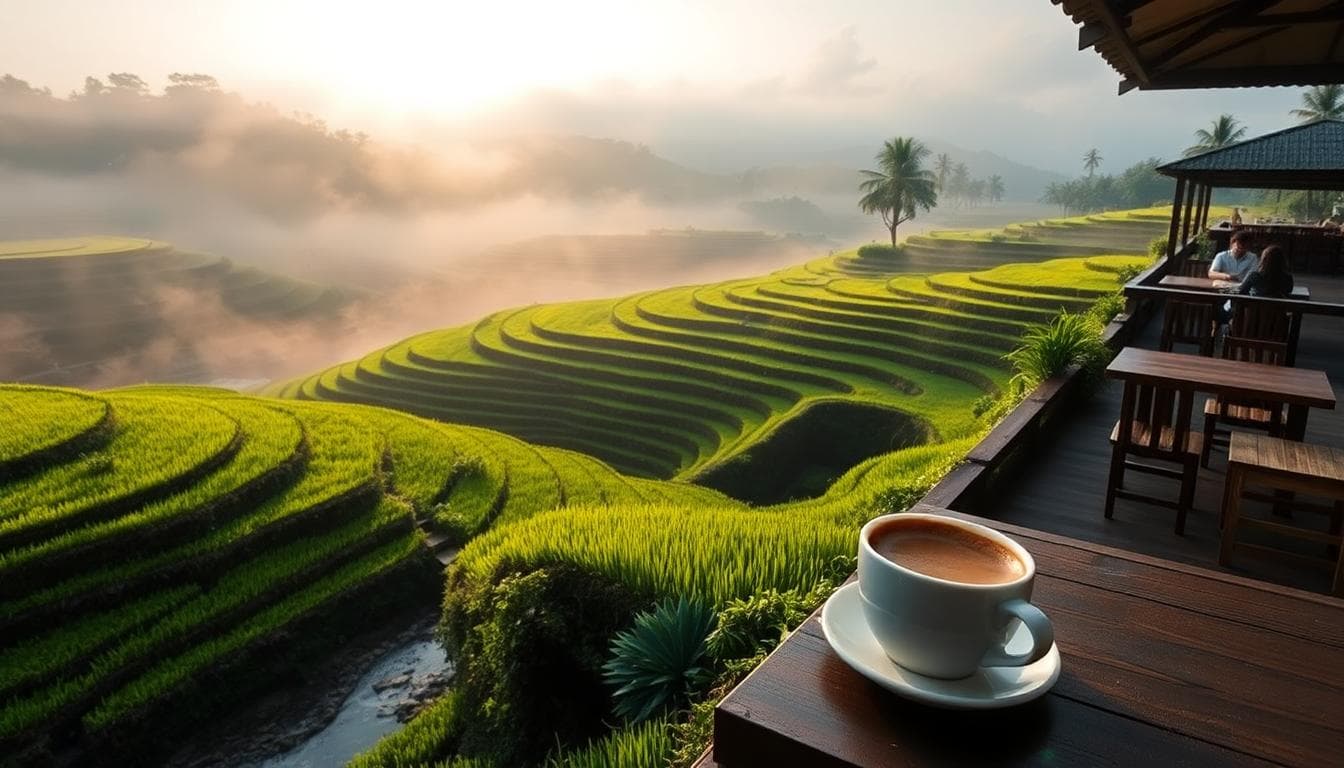 Early morning Bali Teegalalang terraces with cafe terrace and coffee cup