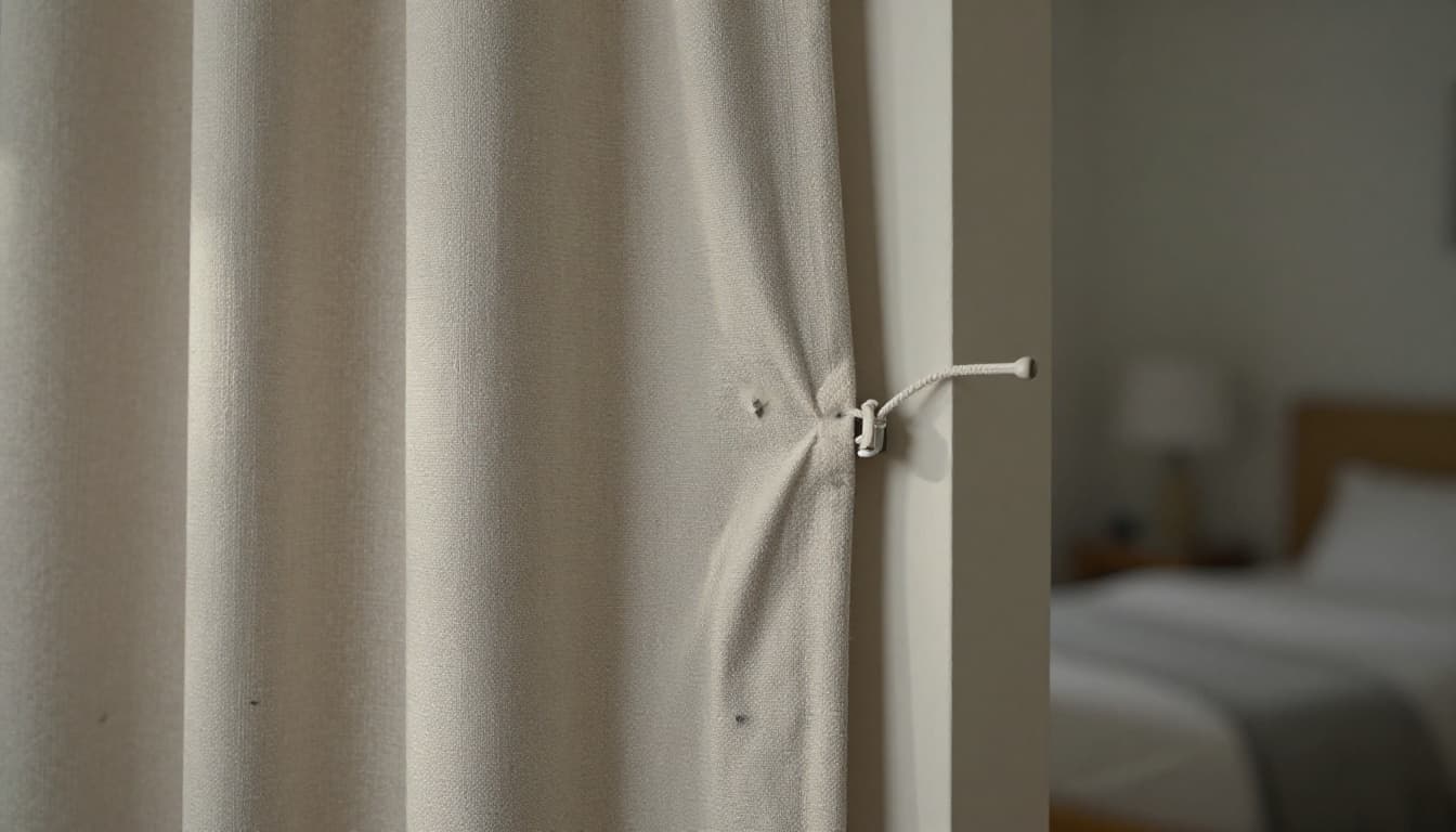 Close-up of a single curtain panel in a realistic bedroom showing faded fabric, shrinkage puckering, jammed track wheel, loose tilting bracket, and frayed pull cord, highlighted by soft morning light.