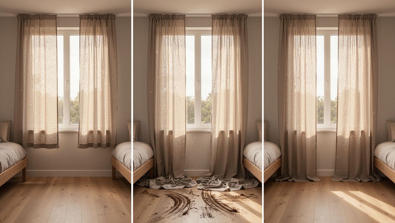 訂製窗簾想簡約?避開俗氣褶子的實用訣竅 A modern bedroom with a large window divided into three panels showing curtain length variations: short and stubby, excessively pooling, and perfectly grazing the floor. Realistic photography with warm sunlight, light floors, and simple furnishings.