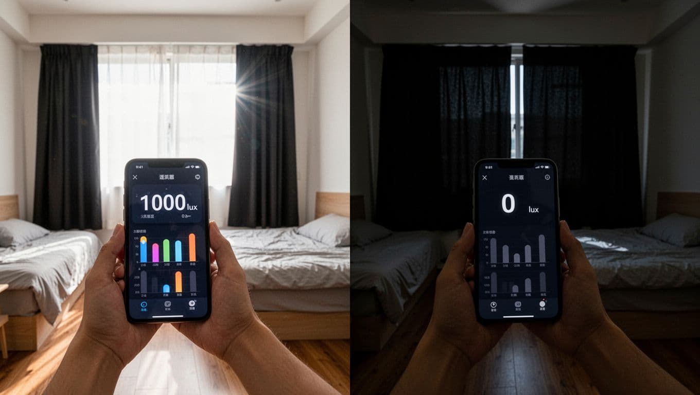 A person in a modern Taiwanese bedroom holds a smartphone displaying a lux meter app, measuring 1000 lux with curtains open in bright daylight and 0 lux with curtains closed in darkness.