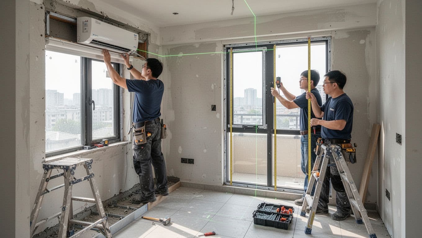 訂製窗簾丈量含不含?合約要寫清楚哪些條款 In a sunlit bedroom renovation site, one worker adjusts the curtain box height with tools while another uses a laser distance meter to measure the new window frame dimensions. The floor is freshly tiled and raised, with tools like ladders and screw boxes neatly placed in a modern style.