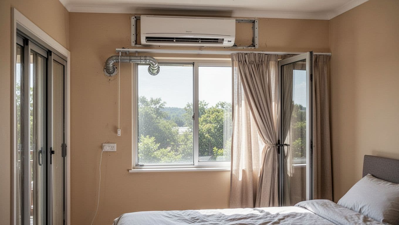 Photorealistic depiction of a typical bedroom window area with obstacles hindering curtain installation, such as a narrow curtain box, protruding AC pipe, electrical socket in the pull cord path, and adjacent sliding door causing curtain interference.