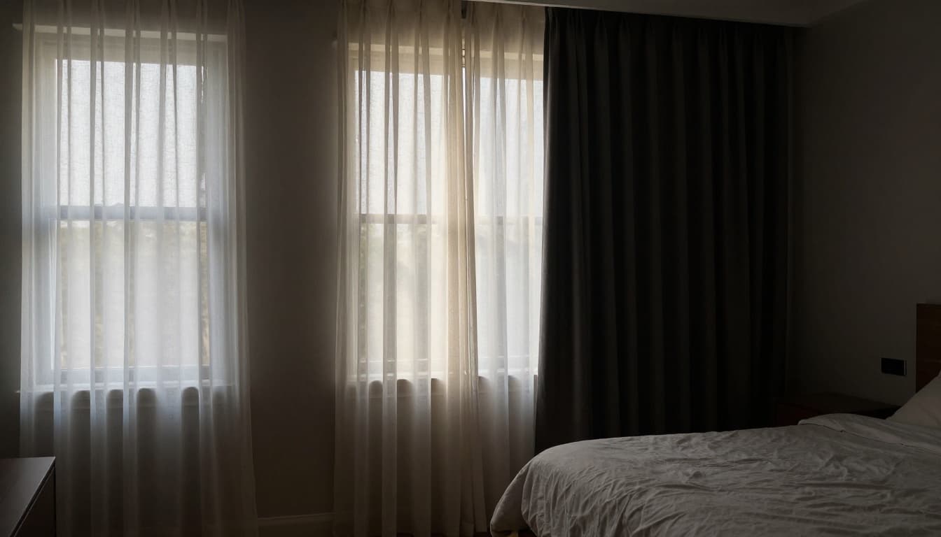 Side-by-side comparison of sheer, semi-opaque, and blackout curtains on a daytime bedroom window, illustrating light diffusion, partial blocking, and complete darkness.