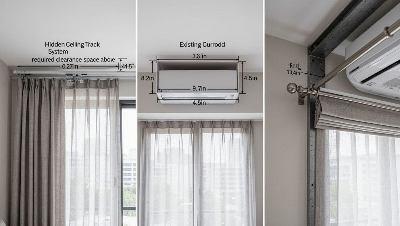 Close-up interior view of a bedroom ceiling and window area comparing hidden ceiling track system, curtain box with measurements, and wall-mounted Roman rod with brackets and finials, illustrating clearances, spacing issues near beam and AC unit. Photorealistic depiction in neutral modern room with soft daylight, focusing on hardware positions and obstacles.