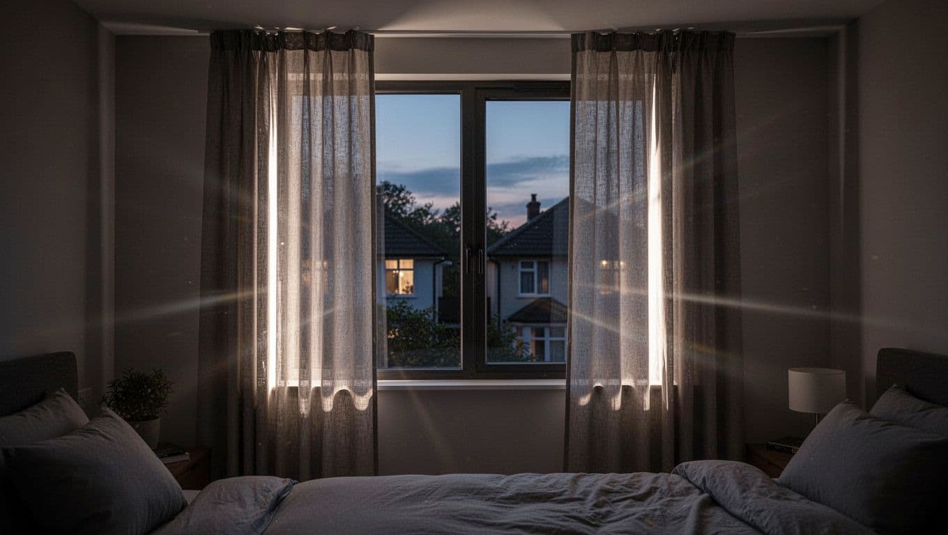 Photorealistic image of a modern bedroom window at dusk with custom-made curtains that are too narrow, too short, and improperly fitted, causing bright light leaks from side gaps, bottom gap, and top gap. Dark cozy interior emphasizes privacy loss from faint external lights seeping through.