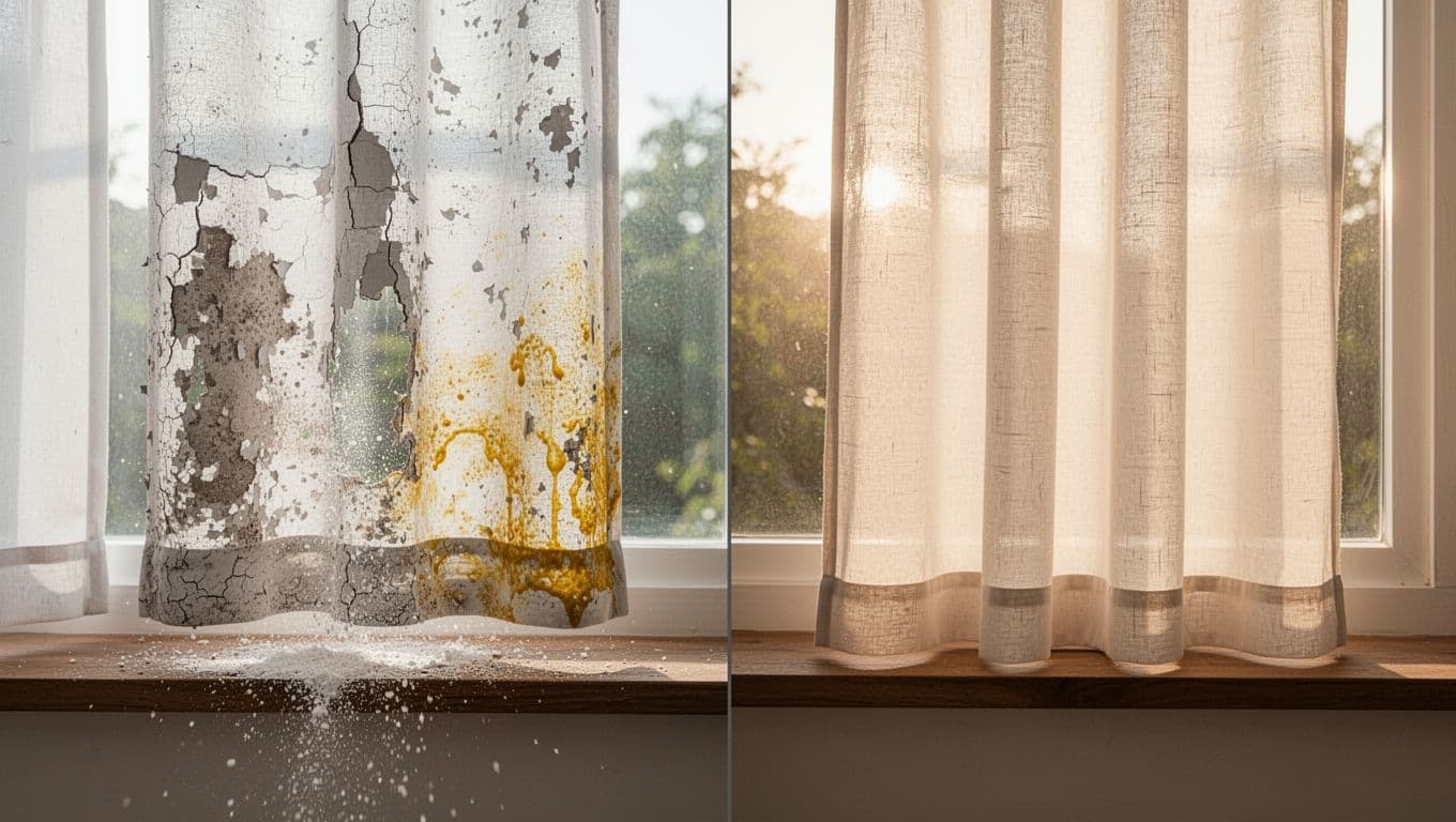 訂製窗簾抗UV值得選嗎?價格差異與實際效果解析 Split-view comparison of a deteriorated anti-UV curtain with cracked peeling coating and dust on the left, versus a pristine high-density woven anti-UV curtain on the right, hanging in a bright home window.