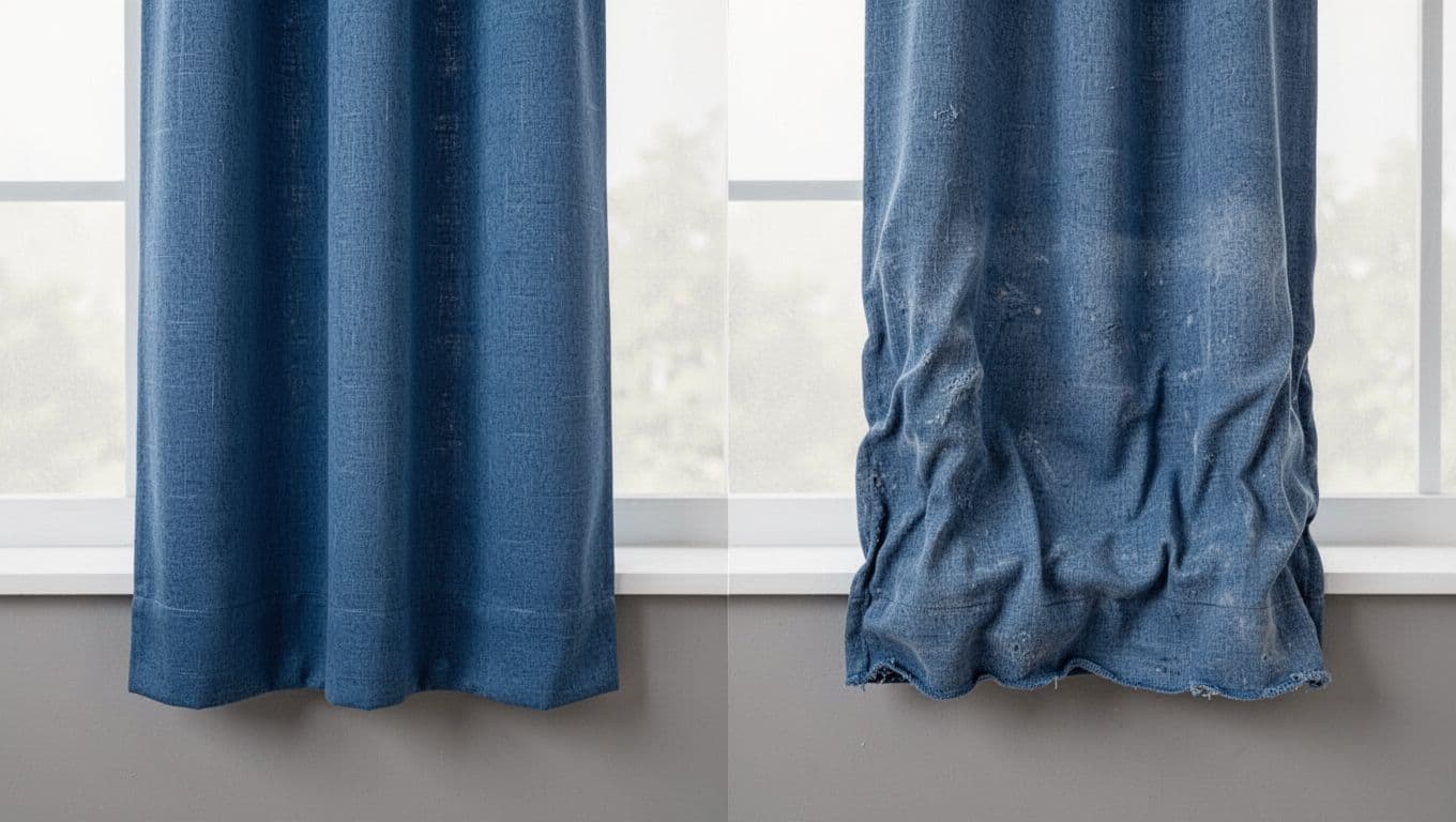 Close-up side-by-side comparison of pristine blue polyester curtain fabric and the same after washing, showing shrinkage, wrinkles, puckering, and fading on a neutral gray background.