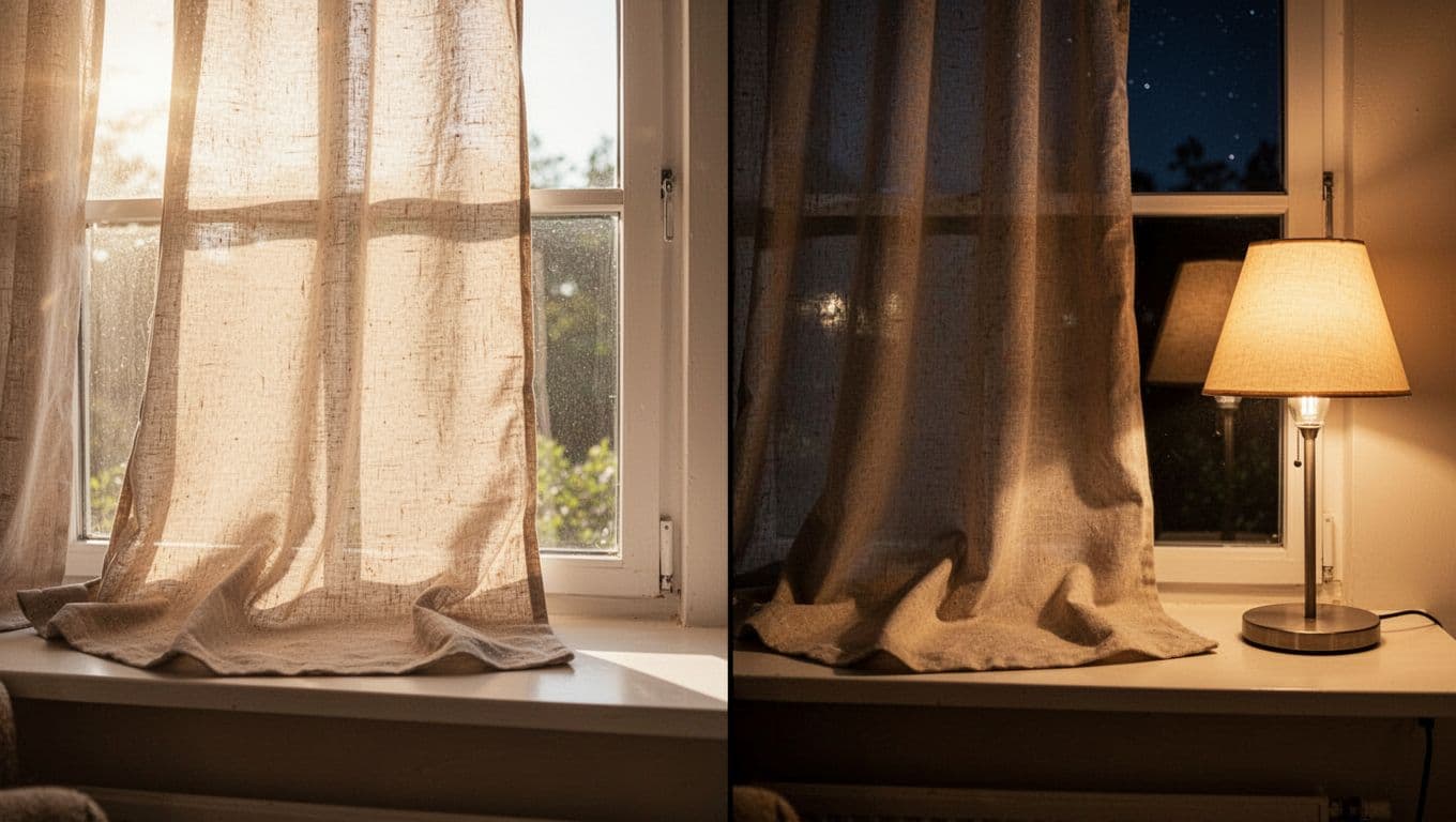 Realistic side-by-side comparison of a beige curtain fabric swatch on a windowsill: left under bright daytime sunlight appearing warm and bright, right under warm incandescent lamp at night showing yellower grayer tones. High-detail photography with cozy home mood, neutral background, fabric texture emphasis.
