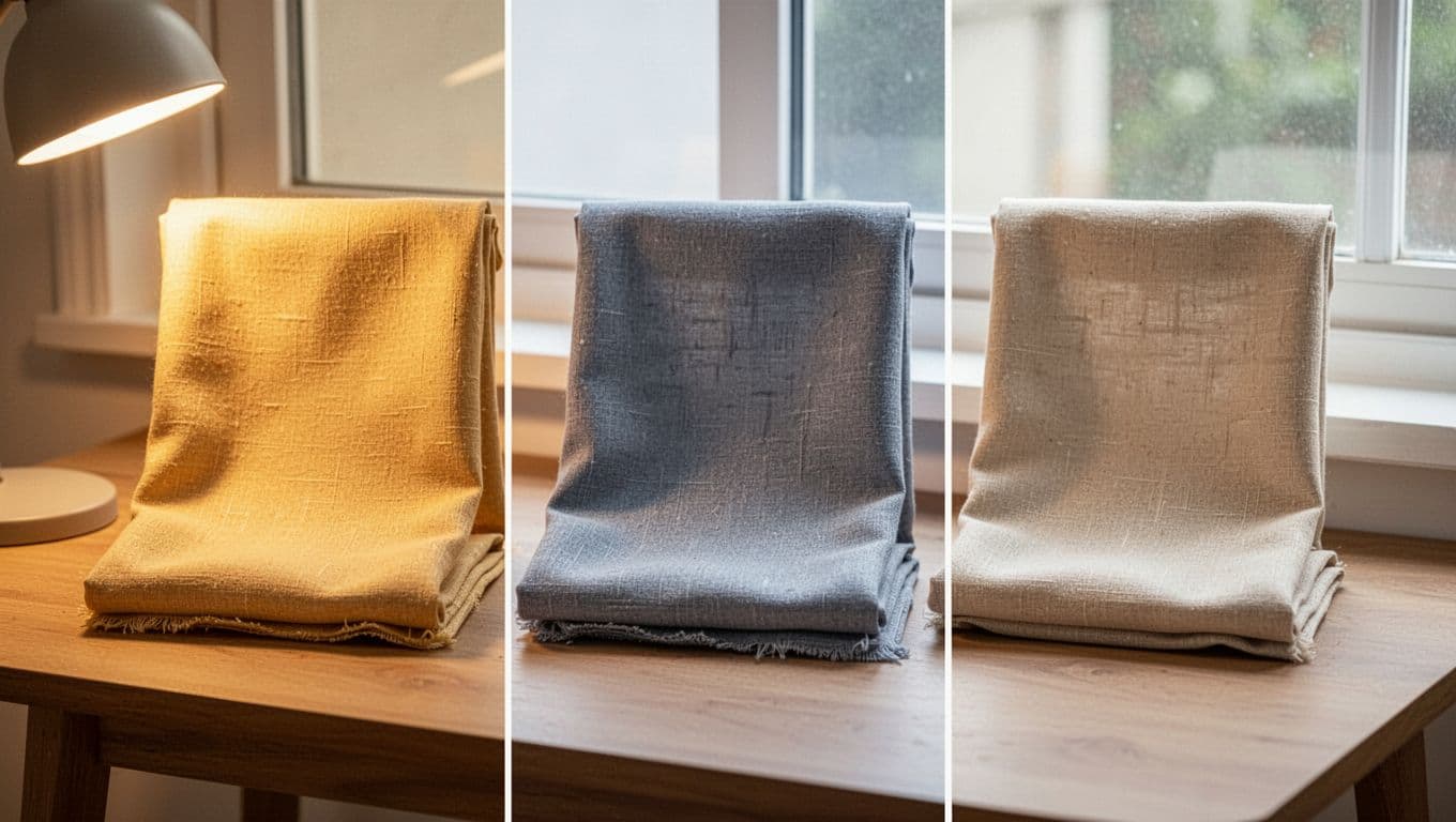 Comparison of beige curtain fabric samples under warm yellow light (yellowish warm), cool white light (grayish cool), and natural daylight (true neutral color), in a simple home setting.