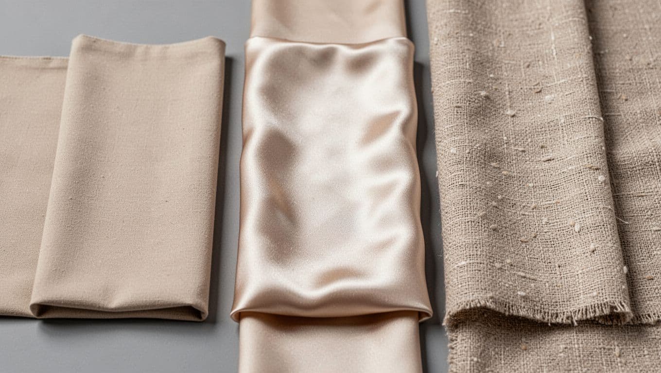 Photorealistic close-up of three beige curtain swatches—matte cotton, shiny satin, and textured linen—arranged side by side on a gray surface under soft lighting, emphasizing texture and light interaction differences.