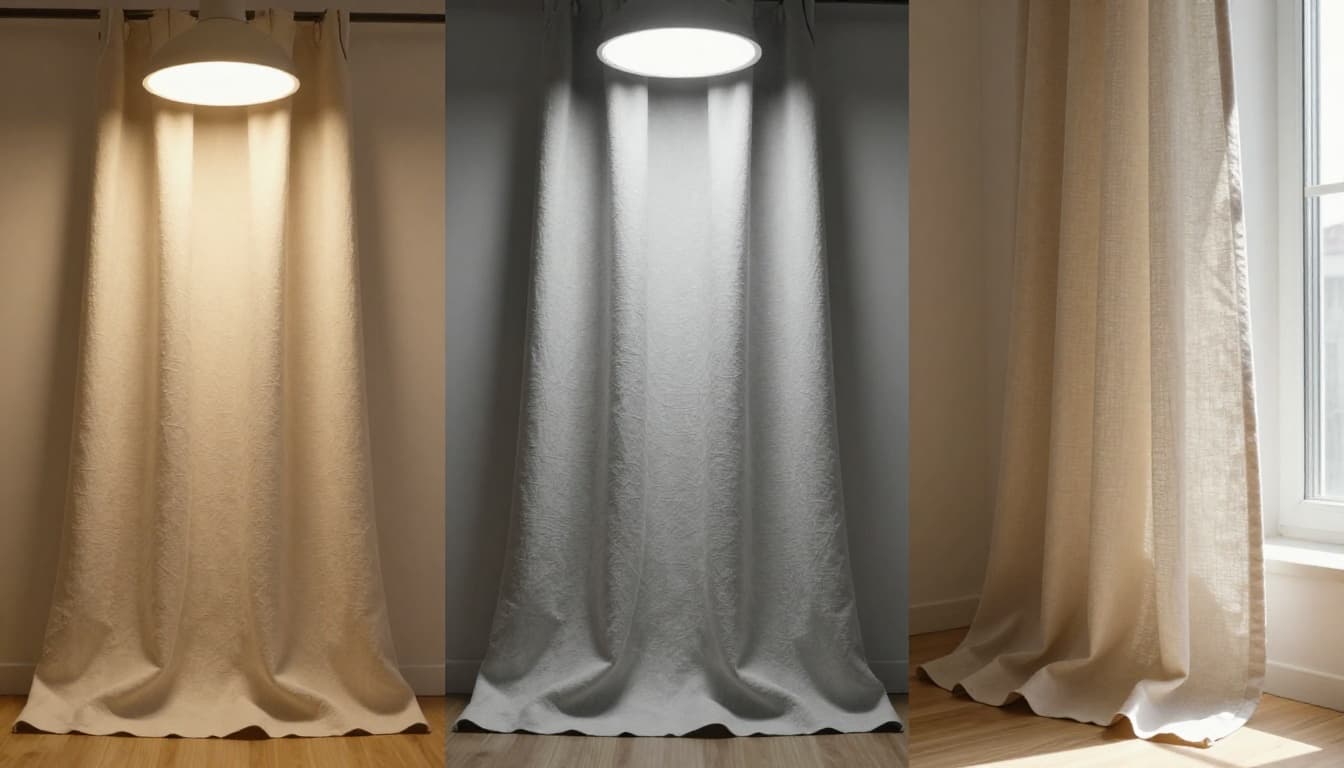 A realistic tabletop scene showing a single swatch of beige curtain fabric under warm incandescent, cool LED, and natural daylight lighting side by side, highlighting color shifts and texture details on a neutral wooden table.