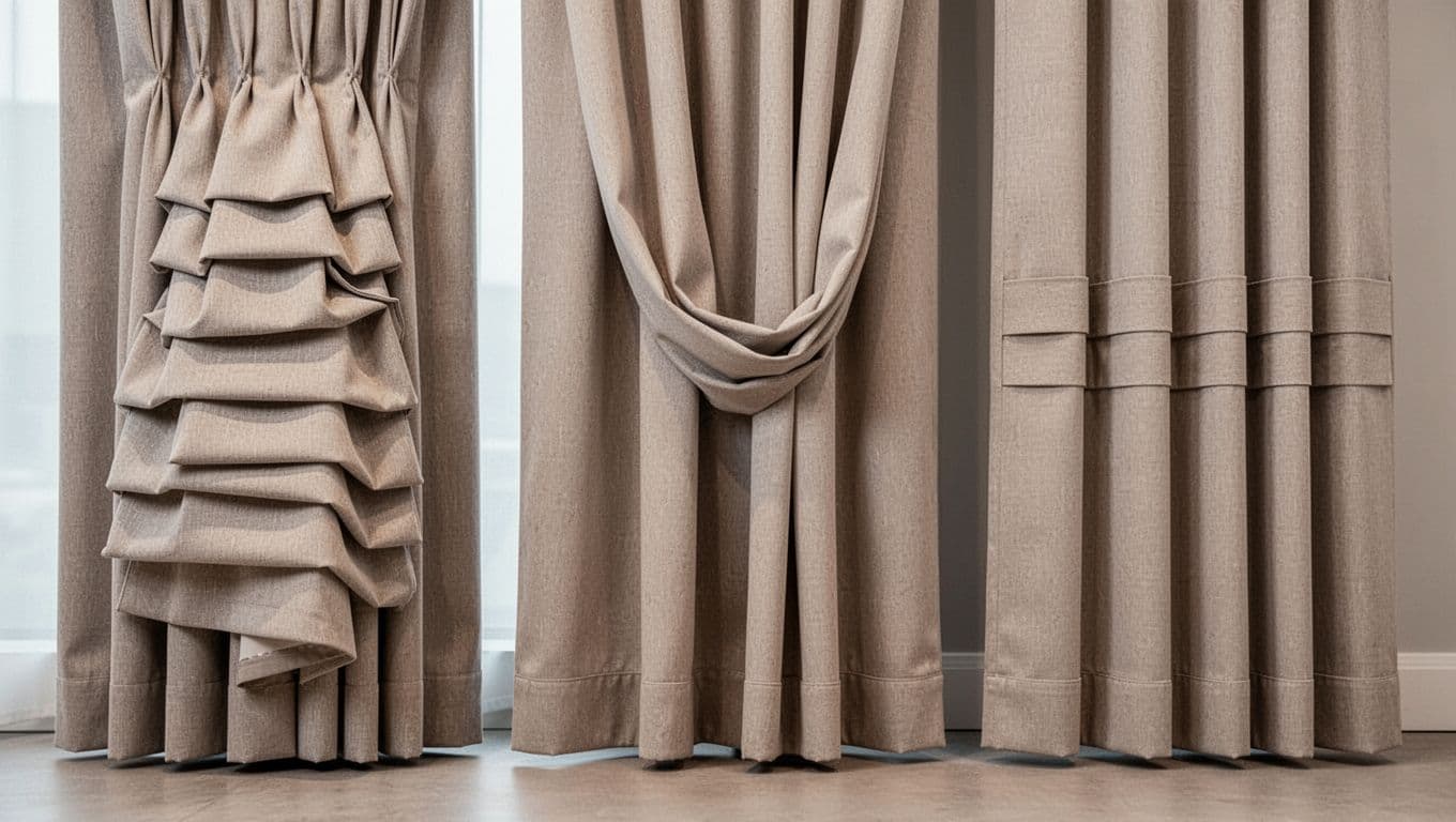 Hyper-realistic close-up of sample panels in a showroom showcasing pinch pleats, French pleats, and tape pleats in neutral beige fabric, highlighting perfect alignment, texture, and professional sophistication.