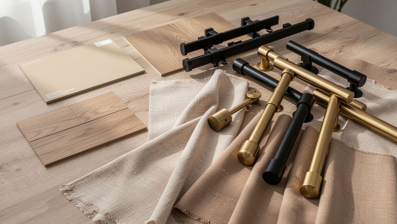 先做重點房間划算嗎?窗簾訂製分期規劃原則 Close-up flat lay on a light wooden table showing beige wall paint swatch, wooden floor tile sample, curtain fabric swatches in warm beige tones with linen textures, and matte black plus brushed gold curtain track pieces. Minimalist modern aesthetic with soft natural daylight and subtle shadows.
