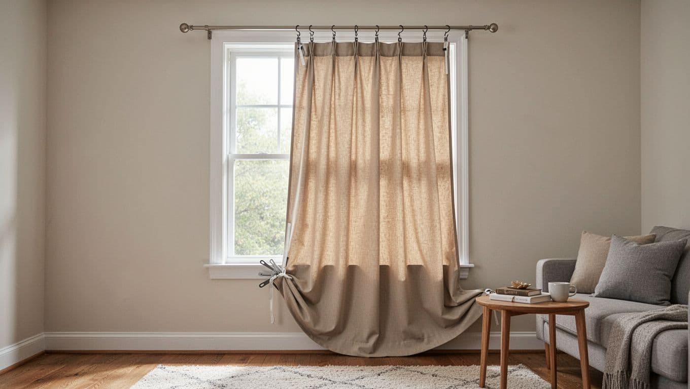 Realistic indoor photograph of a single beige curtain panel hanging from an uneven curtain track in a living room window, appearing shorter due to mismatched hooks, slipped pleat tape, high installation, and hem caught on furniture.