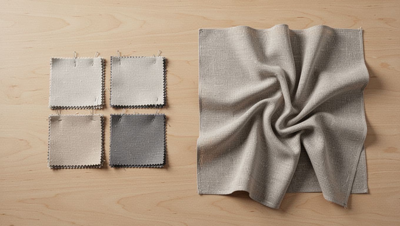 Photorealistic top-down view on a light wooden table comparing small pinned beige-gray curtain fabric swatches on the left, appearing uniform, with a large draped sample on the right revealing true color gradients and weave texture.