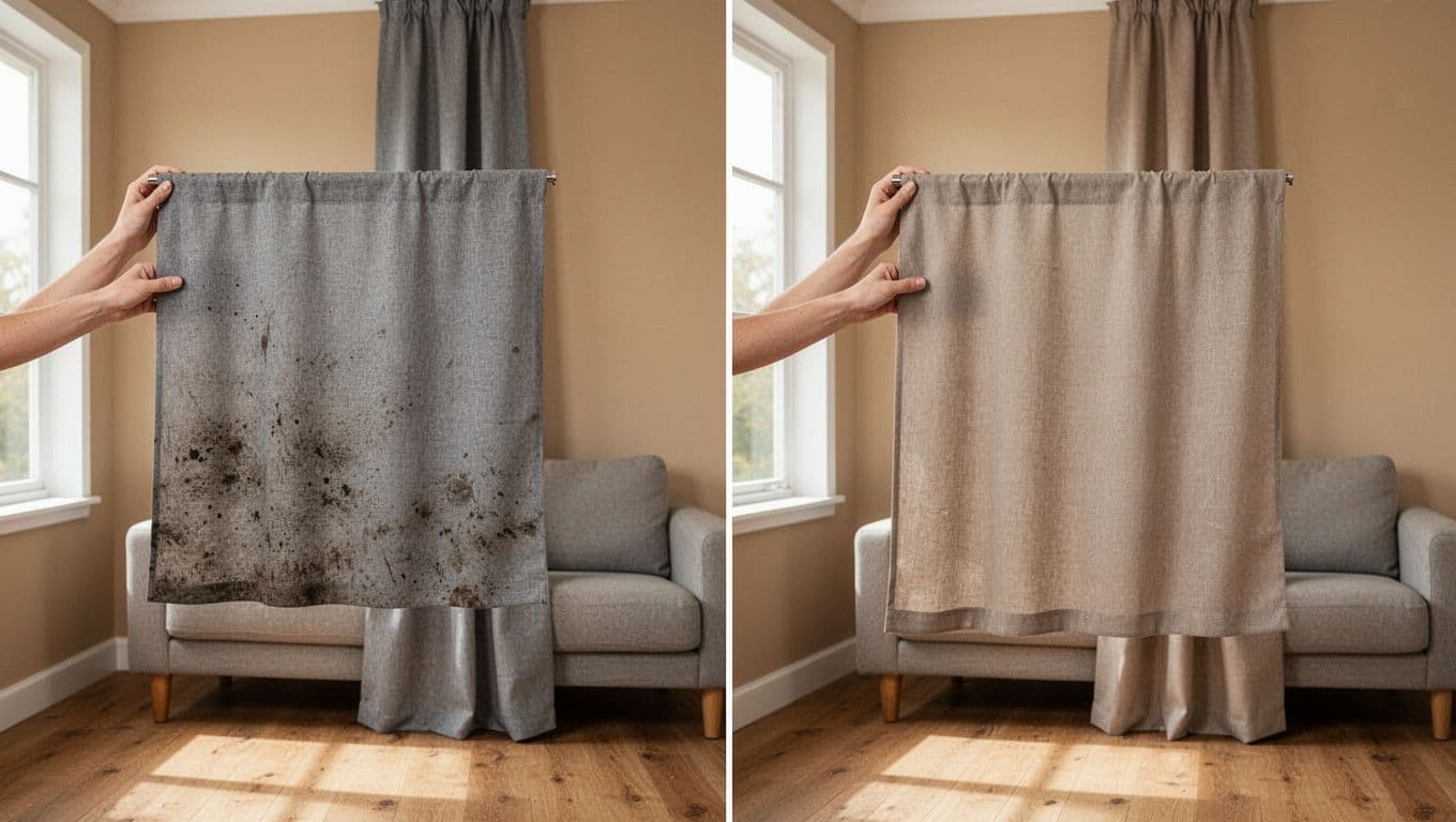 Photorealistic living room scene with side-by-side comparison: cold gray curtain mismatches warm beige wall on left, warm gray-beige curtain harmonizes on right.